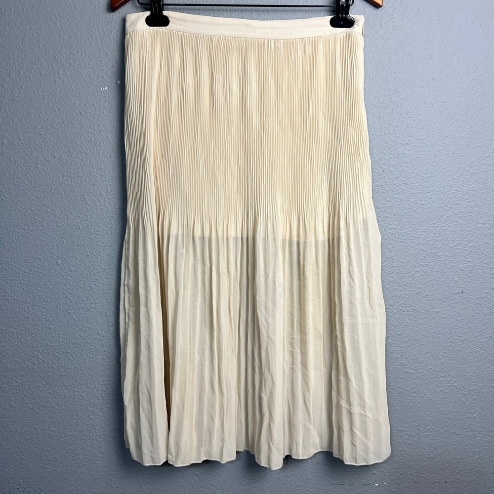 XXI Pleated‎ Skirt Midi A-Line Lined Accordion Semi Sheer Career Casual Beige Lg